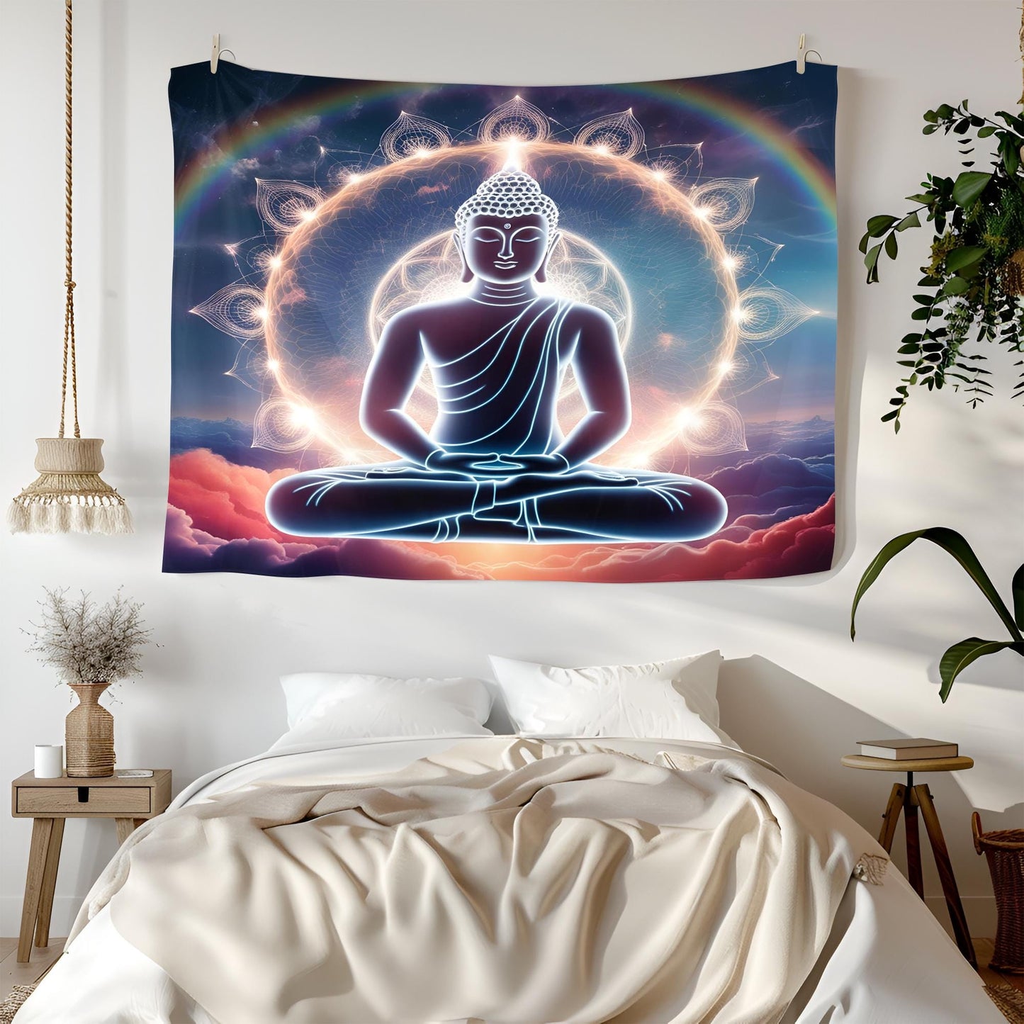 Glowing Buddha Tapestry, Surreal Dreamscape Meditation Art, Rainbow Aura & Sacred Geometry, Cosmic Spiritual Decor, Trippy Decor Tapestry