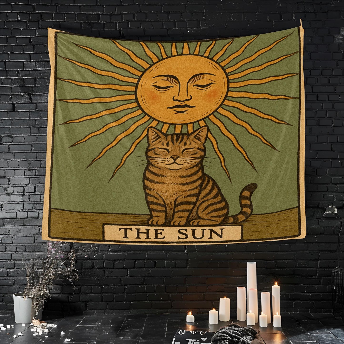 The Sun Cat Tapestry – Tarot-Inspired Wall Hanging, Mystical Boho Cat Wall Art, Celestial Decor for Bedroom, Dorm or Meditation Space
