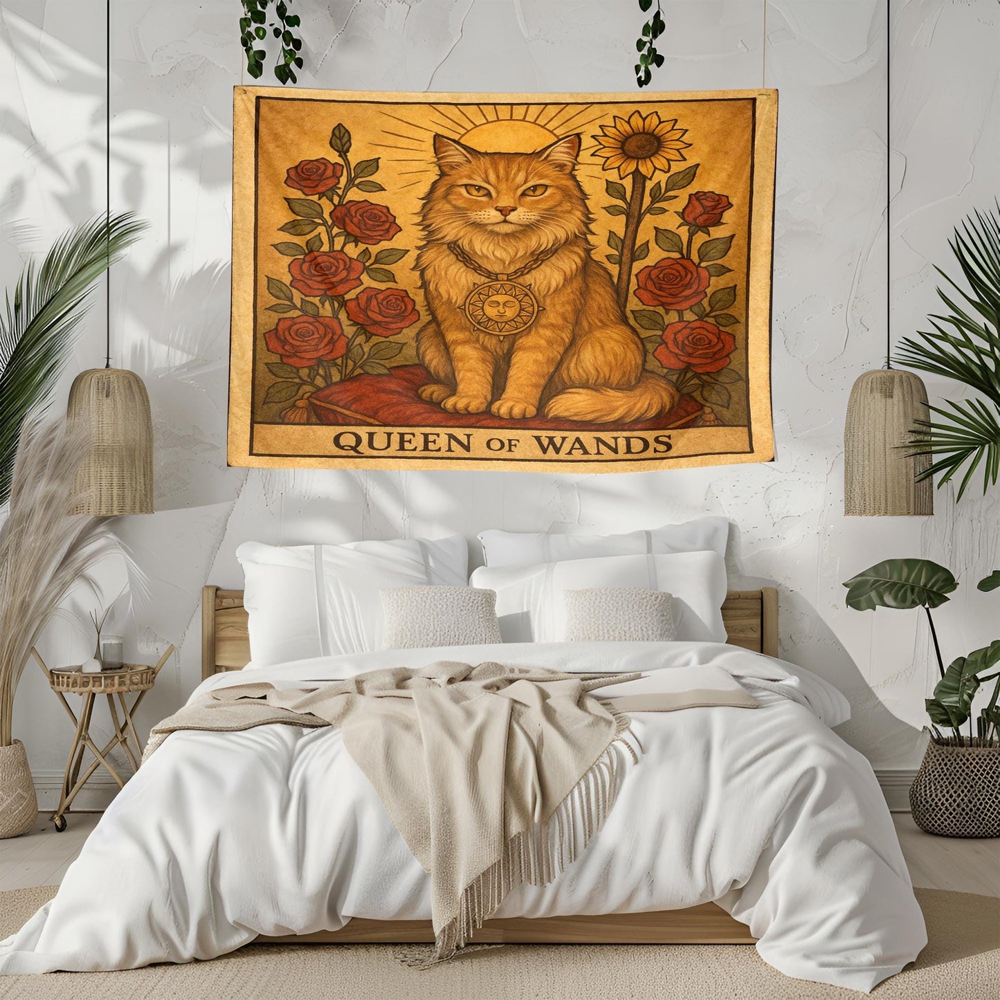 Queen of Wands Cat Tapestry – Tarot-Inspired Cat Wall Art, Boho Mystic Decor, Empowering Tapestry for Bedroom, Living Room or Altar