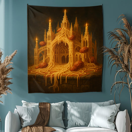 Gothic Spaghetti Cathedral Tapestry For Kitchen Decor Or Dorm Room, Funny Surreal Pasta Art Wall Hanging, Gift For Foodie Or Chef