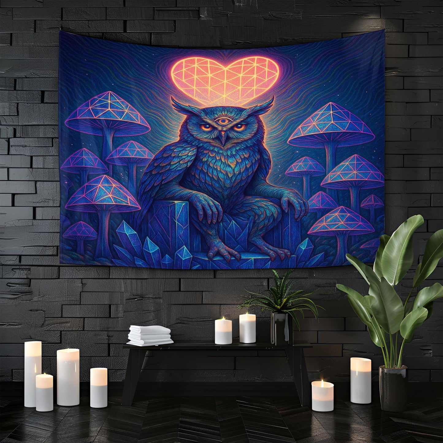 Psychedelic Owl Tapestry – Third Eye Forest Wall Art, Trippy Mushroom Decor, Visionary Crystal Owl Print, Geometric Heart Scene