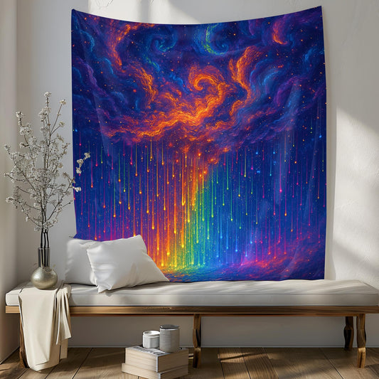 Cosmic Storm Tapestry with Glowing Rainbow Rain and Swirling Nebulae in a Surreal Dreamlike Atmosphere with Trippy Mesmerizing Effect