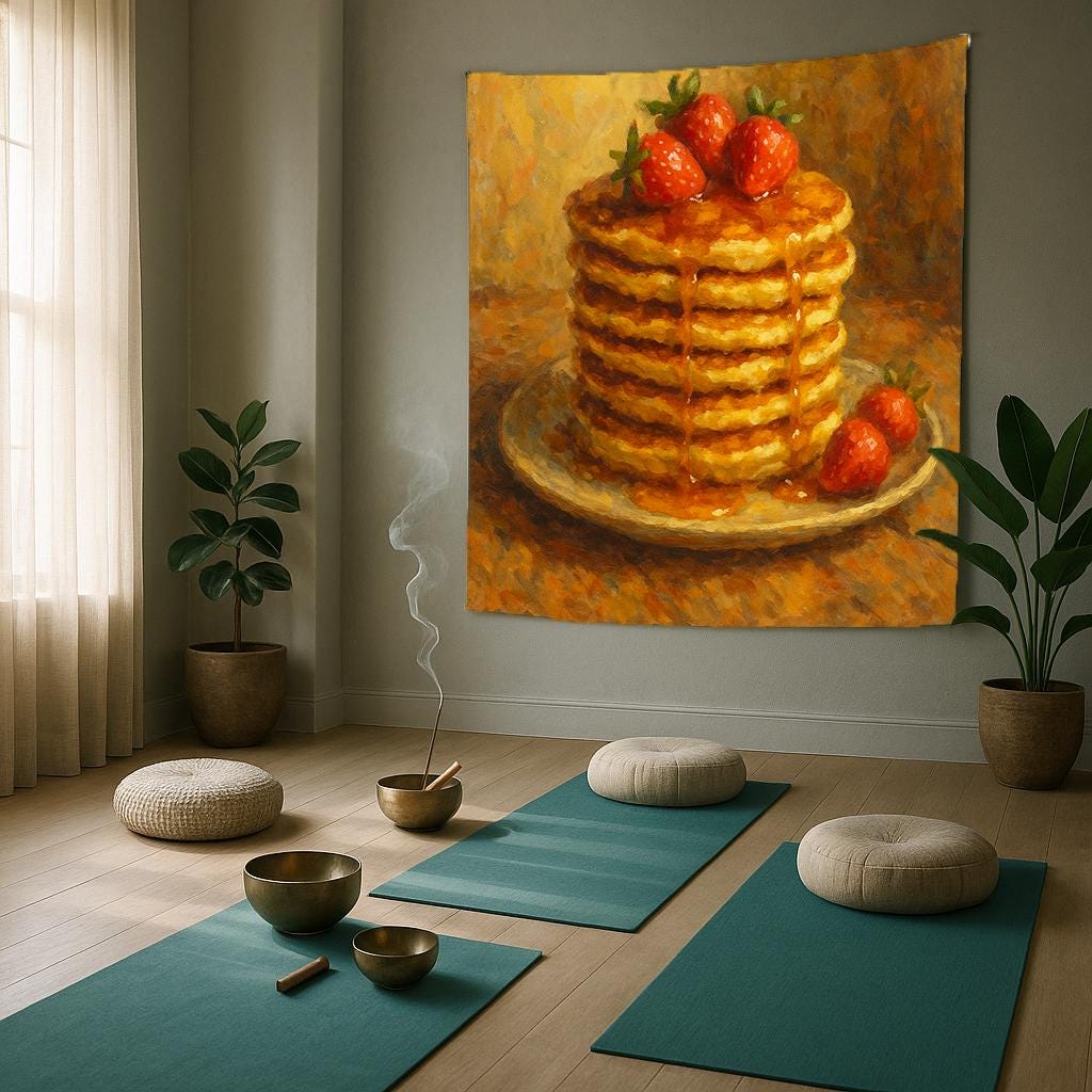 Pancake Stack Wall Tapestry with Strawberries and Syrup, Cozy Breakfast Food Art Print for Kitchen, Dining Room or Café Style Wall Decor