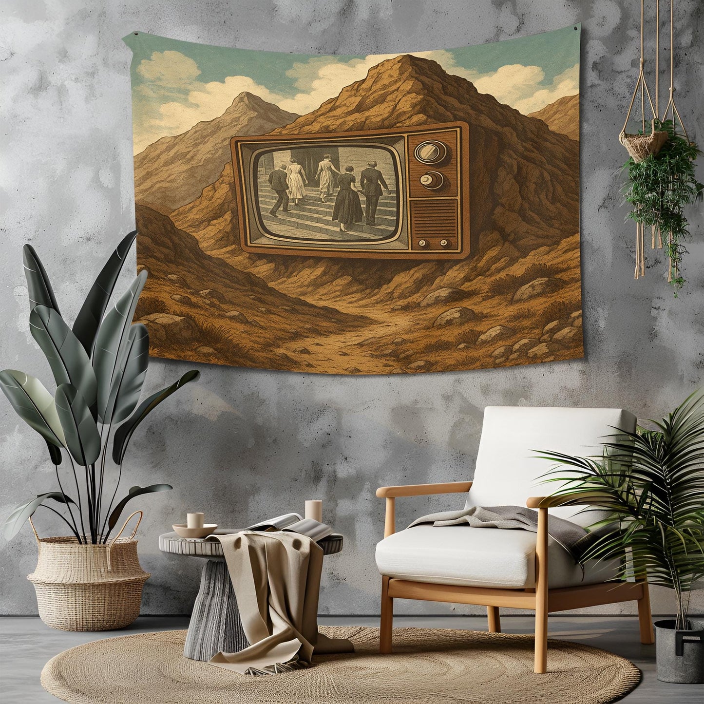 Vintage TV In Mountain Tapestry, Surreal Black And White Film Scene Playing Backwards In Time, Retro Dreamscape Wall Art, Gift For Him