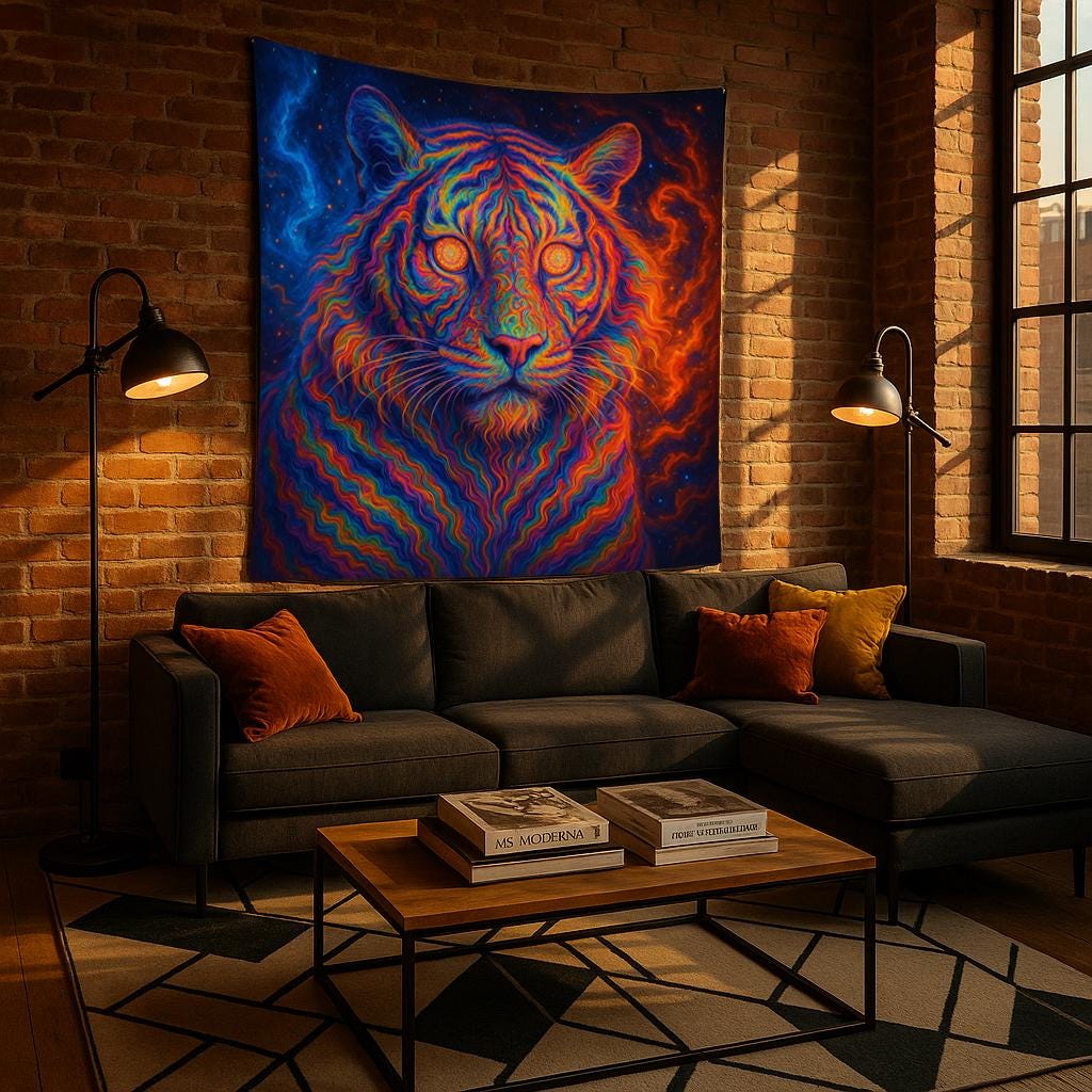 Psychedelic Tiger Tapestry, Trippy Neon Wall Art, Vibrant Jungle Decor, Boho Dorm Room Hanging, Cosmic Big Cat Gift, Festival Vibes