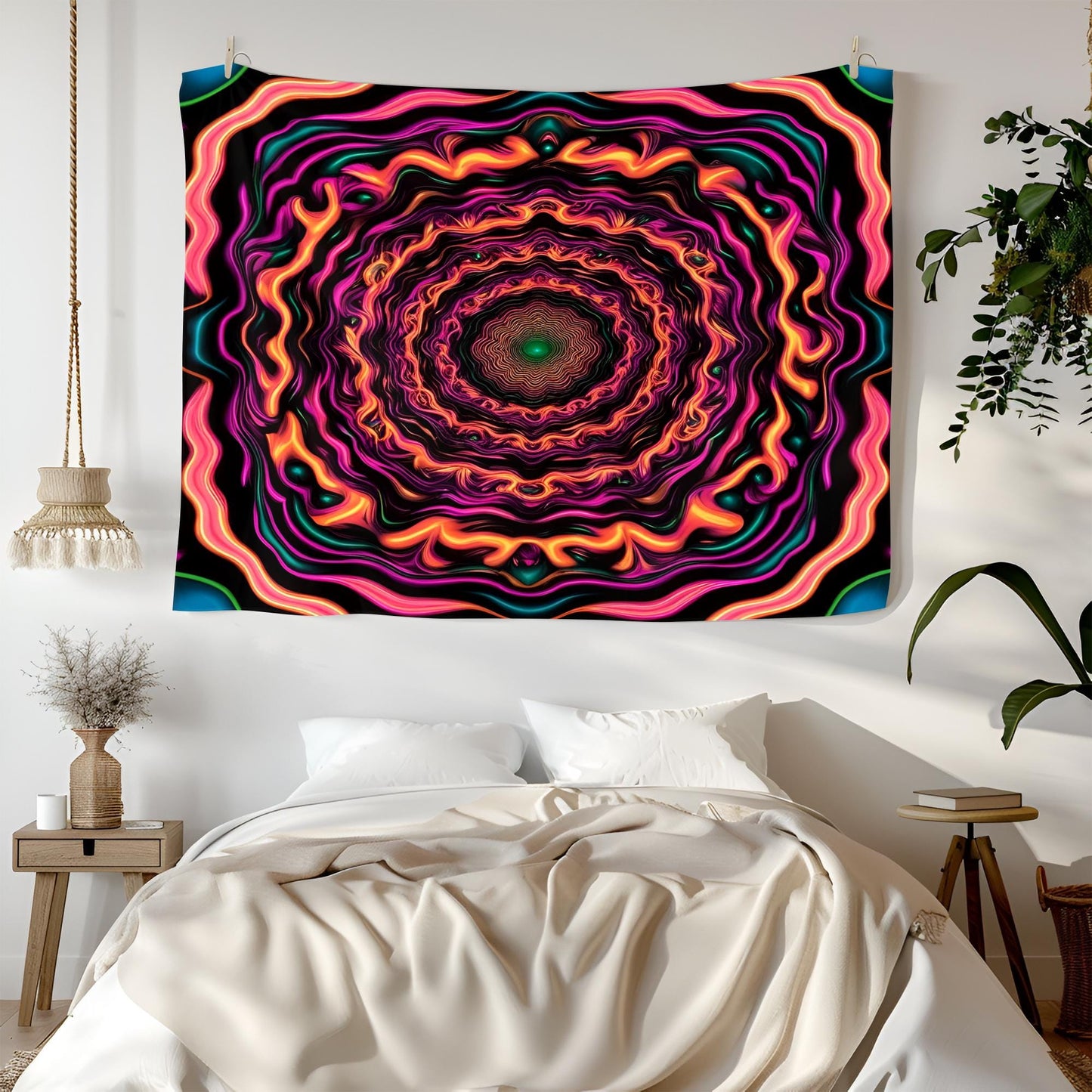 Trippy Optical Illusion Tapestry, Hypnotic Neon Swirl Wall Art, Endless Moving Pattern, Mind-Bending Psychedelic Decor, Tapestry Neon