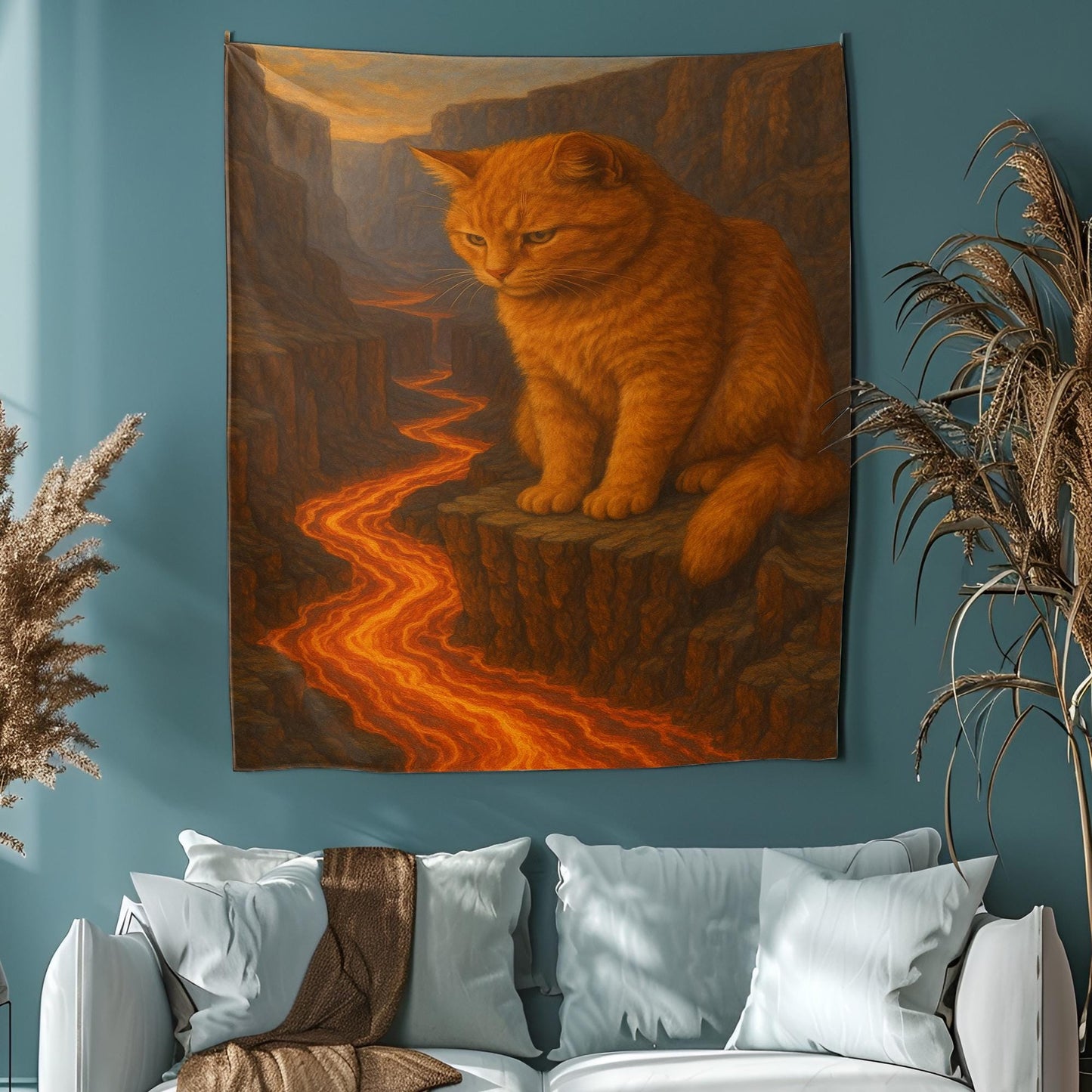 Giant Cat Watching Lava River Tapestry, Surreal Canyon Scene With Calming Feline Overlooking Molten Flow, Dreamy Wall Art, Gift For Her