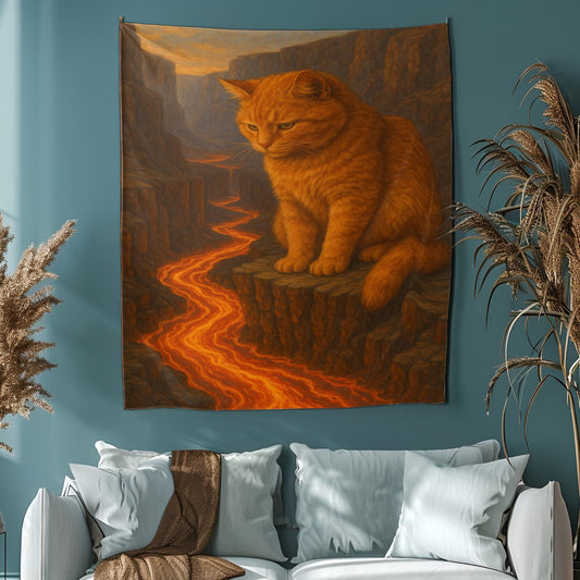 Giant Cat Watching Lava River Tapestry, Surreal Canyon Scene With Calming Feline Overlooking Molten Flow, Dreamy Wall Art, Gift For Her