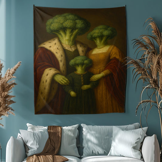 Funny Broccoli Family Portrait Tapestry, Renaissance Style Wall Art, Weird Vegetable Decor For Kitchen Or Dorm, Gift For Veggie Lovers