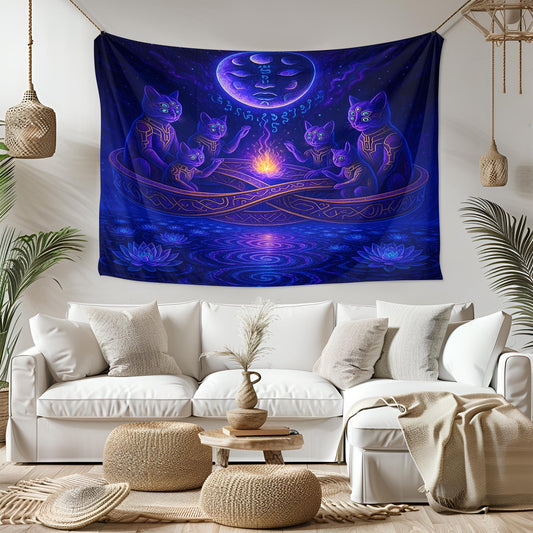 Mystic Cat Tapestry – Trippy Cosmic Cats Wall Art, Spiritual Fire Circle Decor, Celestial Feline Tapestry, Psychedelic Moonlit Scene