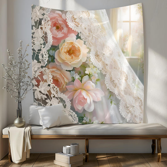 Victorian Lace & Floral Tapestry with Intricate Filigree Details in Soft Ivory and Pastel Tones, Elegant Vintage-Inspired Wall Art