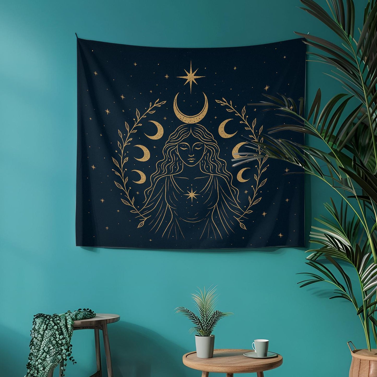 Divine Feminine Moon Goddess Tapestry in Gold on Midnight Black – Boho Spiritual Wall Art for Witchy Decor and Celestial Interiors