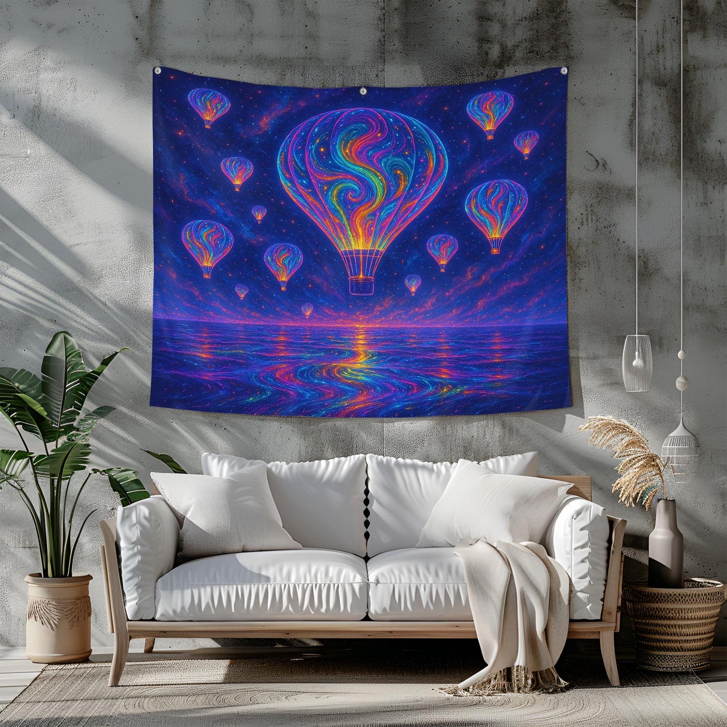 Glowing Neon Hot Air Balloons Floating Above a Cosmic Sea Reflecting Infinite Swirling Colors with Dreamy Psychedelic Ultra HD Aesthetic