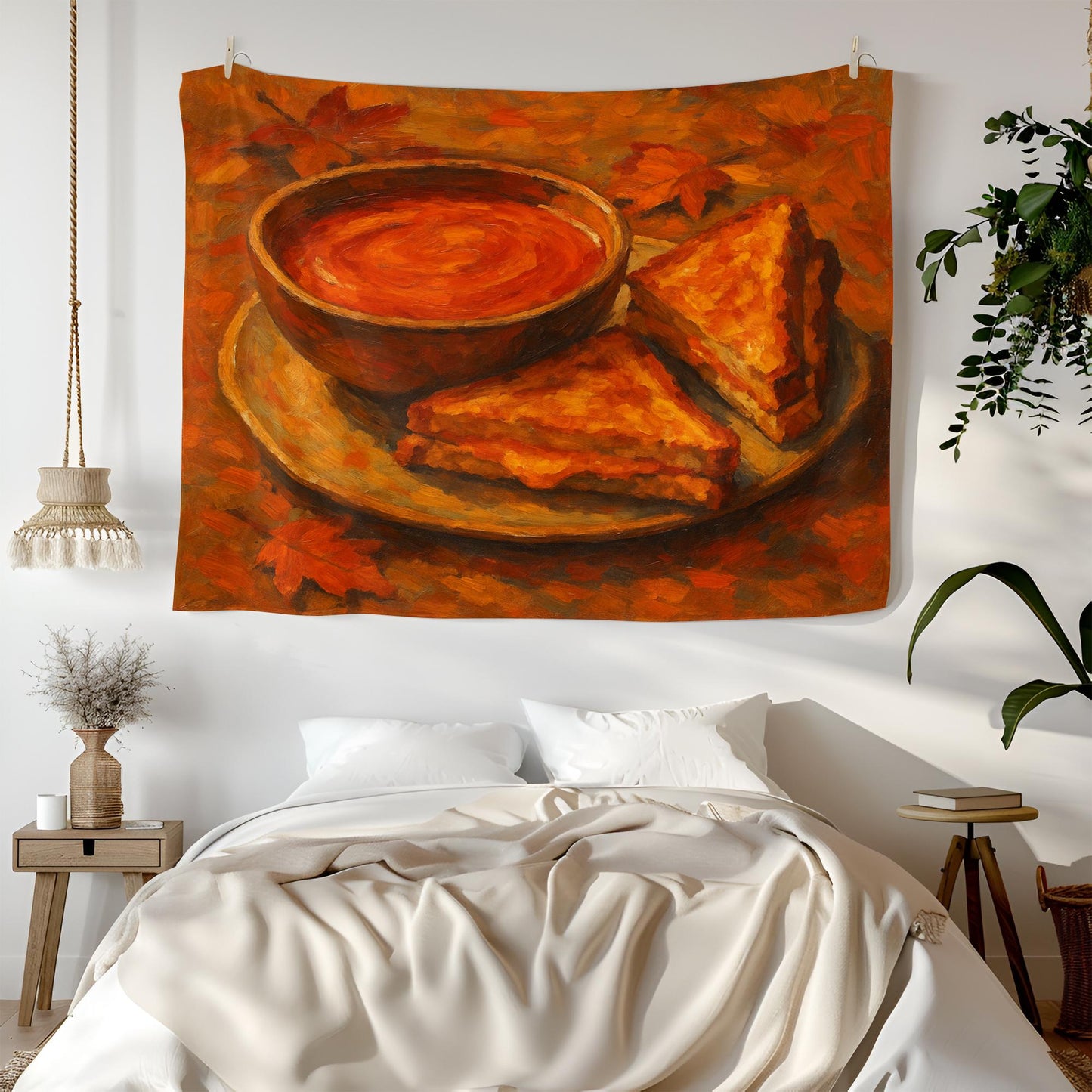 Grilled Cheese and Tomato Soup Wall Tapestry, Cozy Comfort Food Art Print with Autumn Leaves, Warm Kitchen or Dining Room Decor Piece