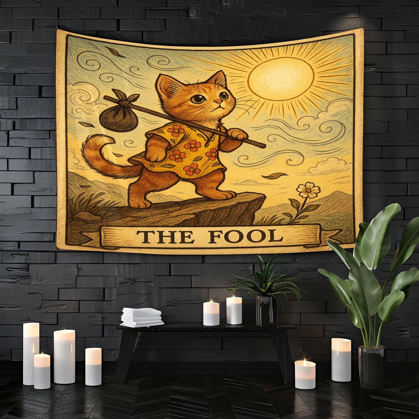 The Fool Cat Tapestry – Tarot Cat Wall Art, Playful Boho Cat Decor, Sunshine Journey Tapestry for Bedroom, Dorm or Creative Space