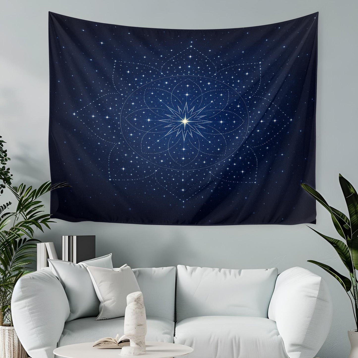 Mystical Star Mandala Wall Tapestry with Cosmic Night Sky Design – Deep Blue Celestial Wall Art for Spiritual Meditation or Boho Décor