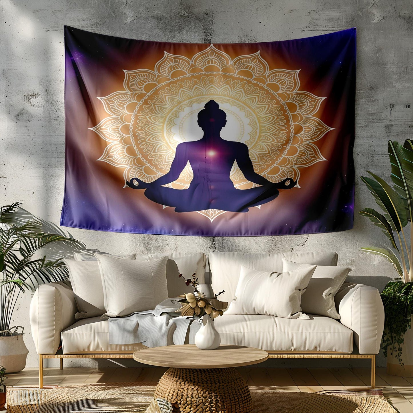 Meditating Silhouette Mandala Tapestry, Cosmic Gradient Wall Art, Indigo Violet Gold Decor, Spiritual Enlightenment Design