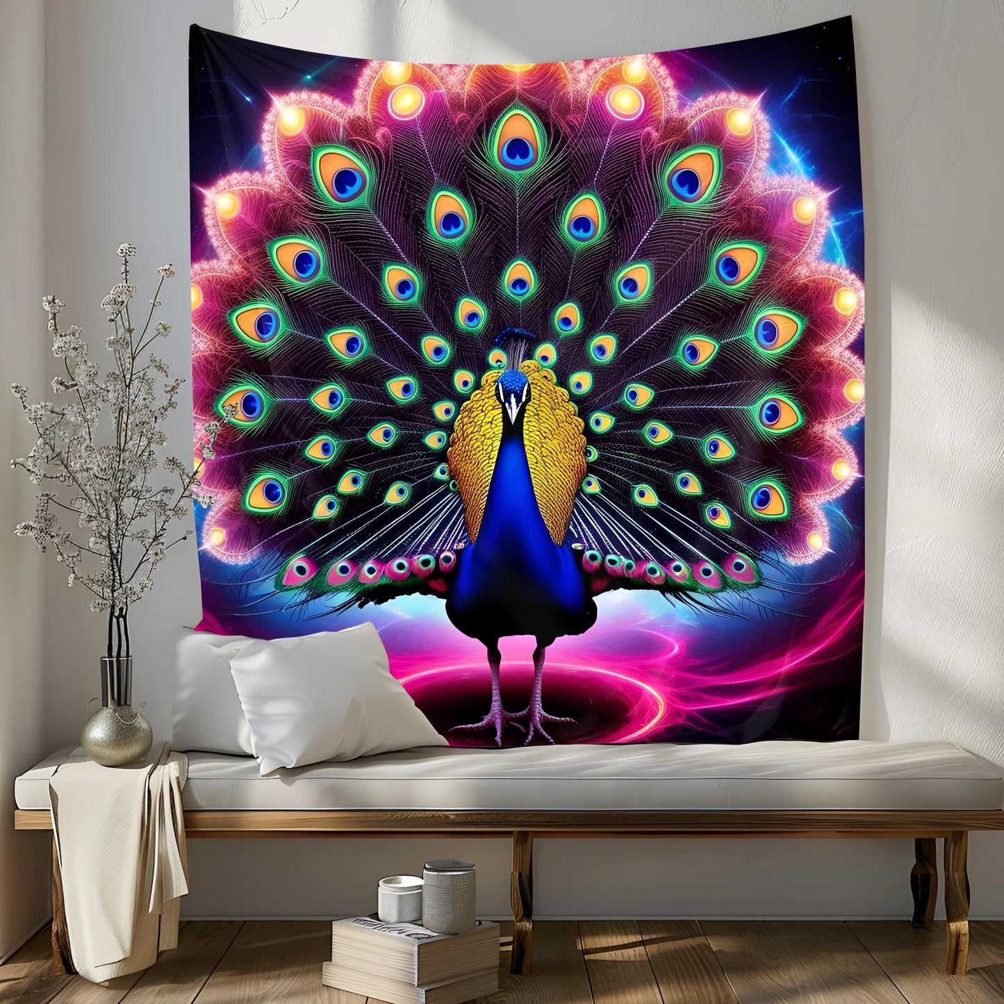 Majestic Neon Peacock Tapestry, Swirling Fractal Tail,Glowing Rainbow Eyes, Cosmic Aura & Psychedelic Color Explosion, Ultra-Detailed Art
