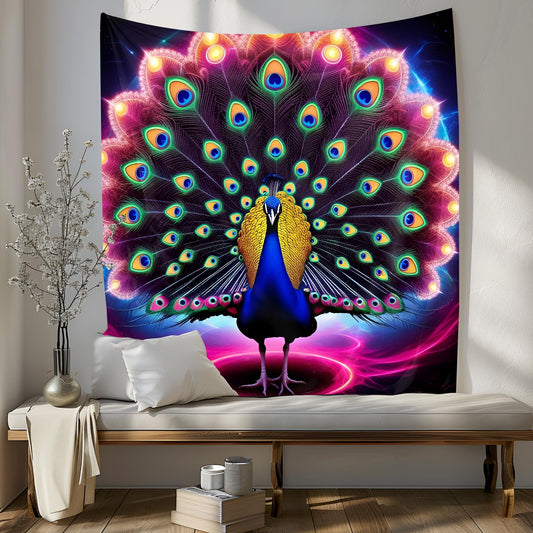 Majestic Neon Peacock Tapestry, Swirling Fractal Tail,Glowing Rainbow Eyes, Cosmic Aura & Psychedelic Color Explosion, Ultra-Detailed Art