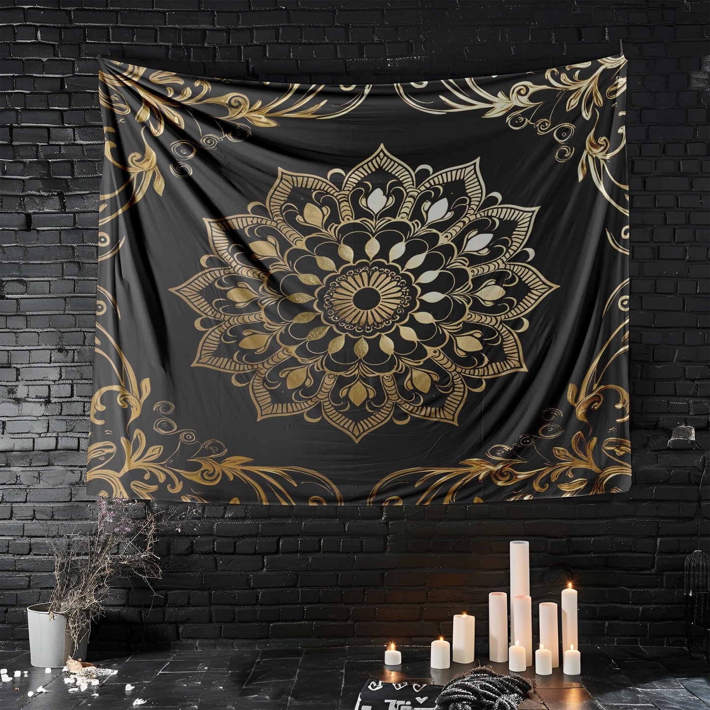 Black Gold Mandala Tapestry, Luxurious Metallic Wall Hanging, Elegant Boho Decor, Intricate Swirling Design Art, Luxurious Mandala