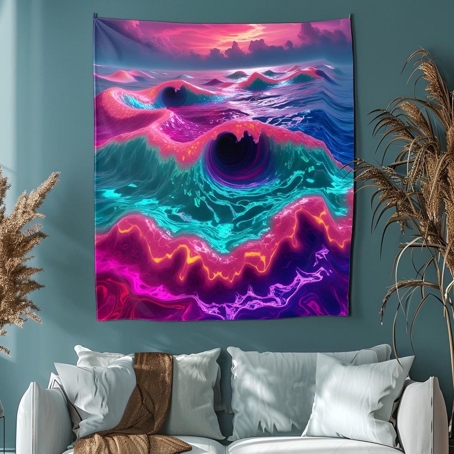 Neon Ocean Tapestry, Liquid Waves & Fractal Spirals, Bioluminescent Foam, Trippy Dreamlike Reflections Wall Art, Psychedelic Tapestry