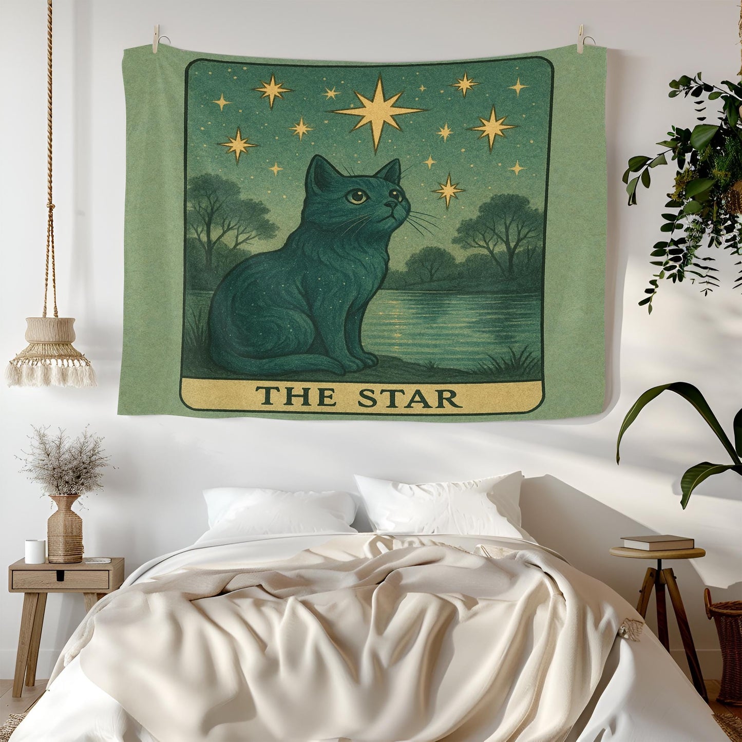 The Star Cat Tapestry – Celestial Tarot Wall Art, Mystical Cat Tapestry for Boho, Spiritual or Dorm Room Decor, Tarot Cat Tapestry