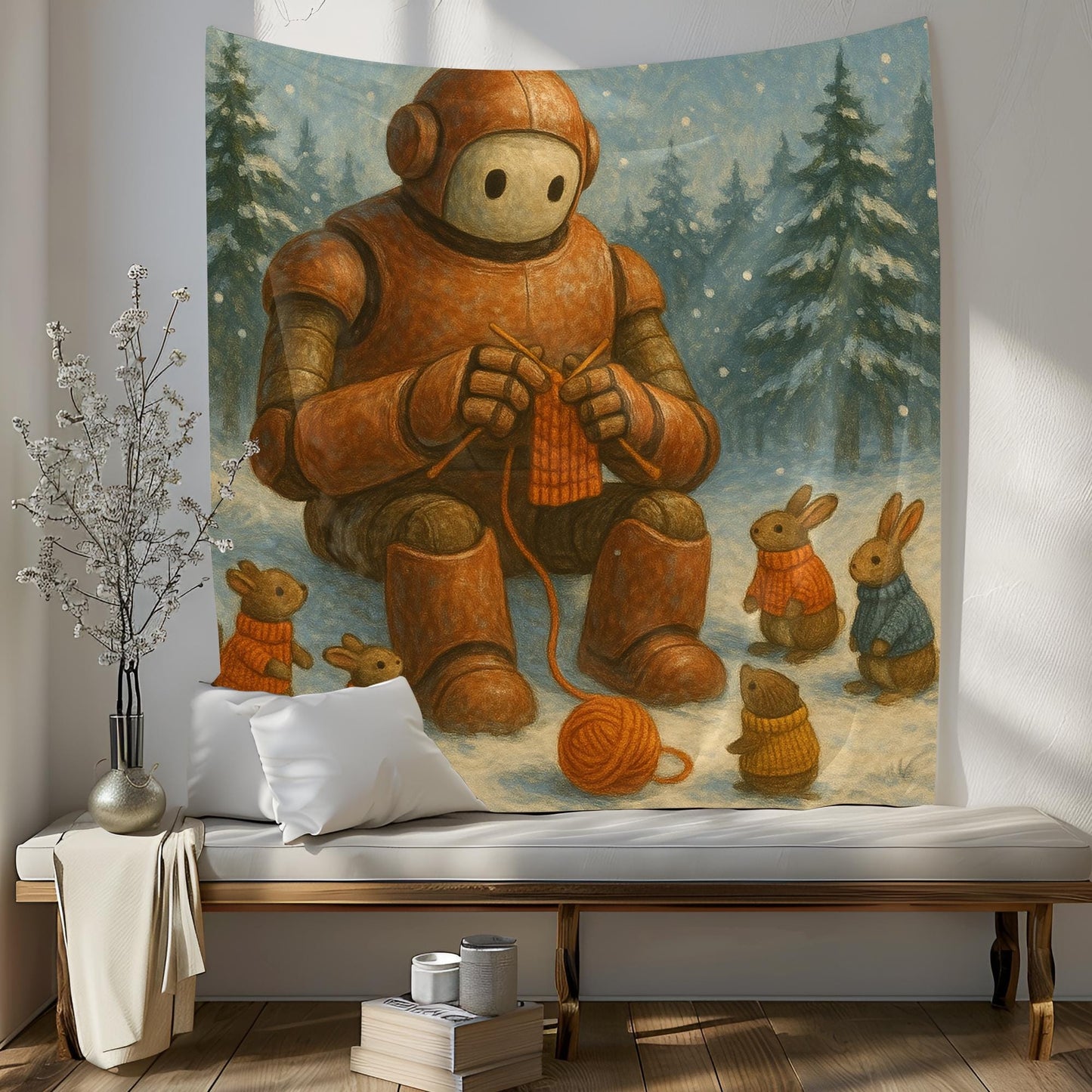 Robot Knitting Tapestry With Woodland Animals, Cozy Winter Wall Art, Whimsical Bunny Decor For Kids Room, Gift For Sci Fi Fantasy Lovers
