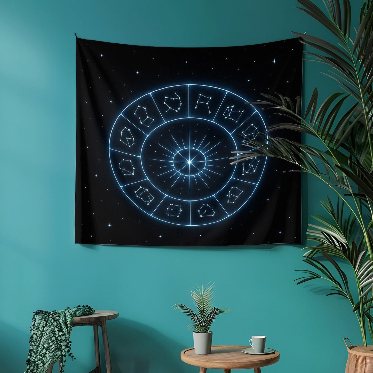 Zodiac Sign Constellation Wall Tapestry in Glowing Blue on Black – Celestial Astrology Decor for Bedroom, Meditation or Dorm Room Style