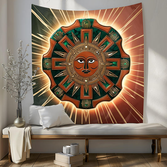 Aztec Sun Stone Tapestry with Intricate Symbols, Tribal Jaguar Motifs & Geometric Lines in Terracotta, Gold Dark Green Tones