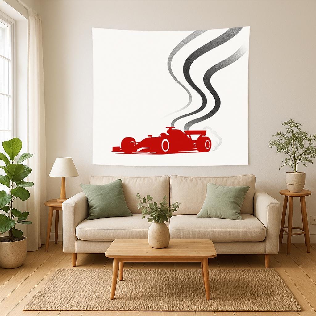 Minimalist F1 Tapestry, Red Formula Car Wall Art, Modern Racing Decor, Motorsport Lover Gift, Speed Room Print, Auto Man Cave Banner