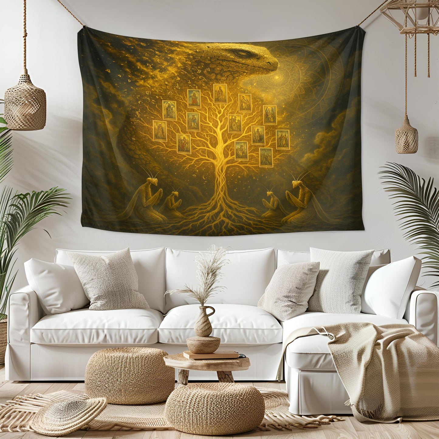 Golden Tree Tapestry – Visionary Reptilian Wall Art, Fantasy Ancestral Tree Decor, Psychedelic Alien Gods Tapestry, Spiritual Dream Art