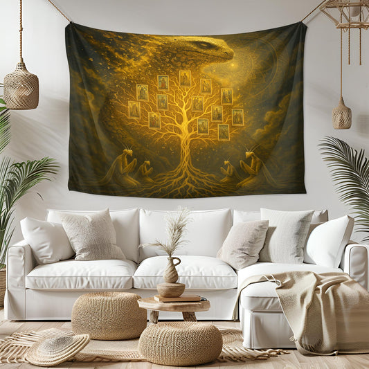 Golden Tree Tapestry – Visionary Reptilian Wall Art, Fantasy Ancestral Tree Decor, Psychedelic Alien Gods Tapestry, Spiritual Dream Art