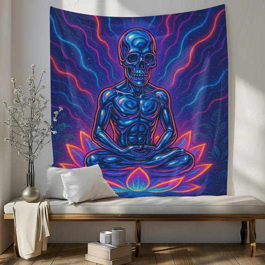 Psychedelic Skeleton Meditation Tapestry, Trippy Skull Wall Art, Cosmic Yoga Decor For Dorm Or Studio, Spiritual Gift For Him Or Her