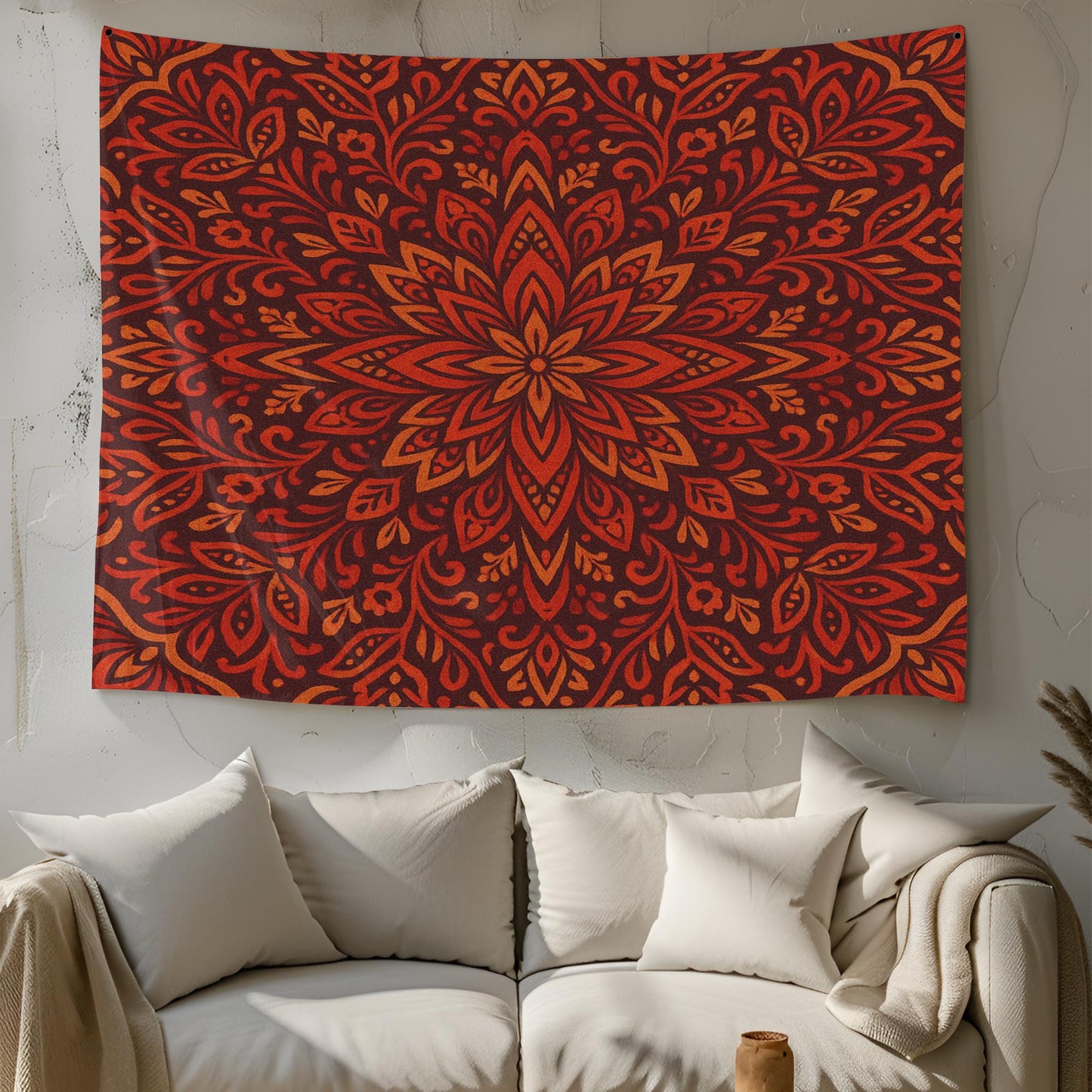 Red and Orange Boho Mandala Tapestry – Vibrant Floral Wall Hanging for Living Room or Dorm, Ethnic Spiritual Room Decor with Warm Tones