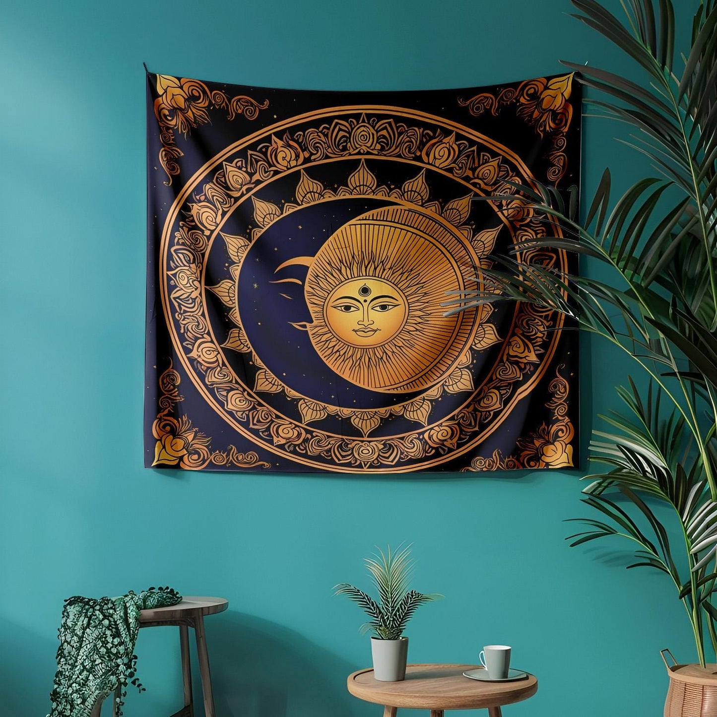 Indian Mandala Tapestry Wall Hanging, Celestial Sun Moon Decor, Spiritual Meditation Room Art, Yoga Wall Decor, Astrology Bedroom Tapestry