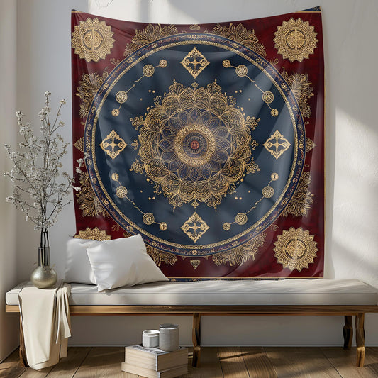 Mystical Turkish Rug Tapestry, Luxurious Vintage Wall Hanging, Dark Blue Deep Red Gold Decor, Ancient Anatolian Symbols, Turkish Wallhang