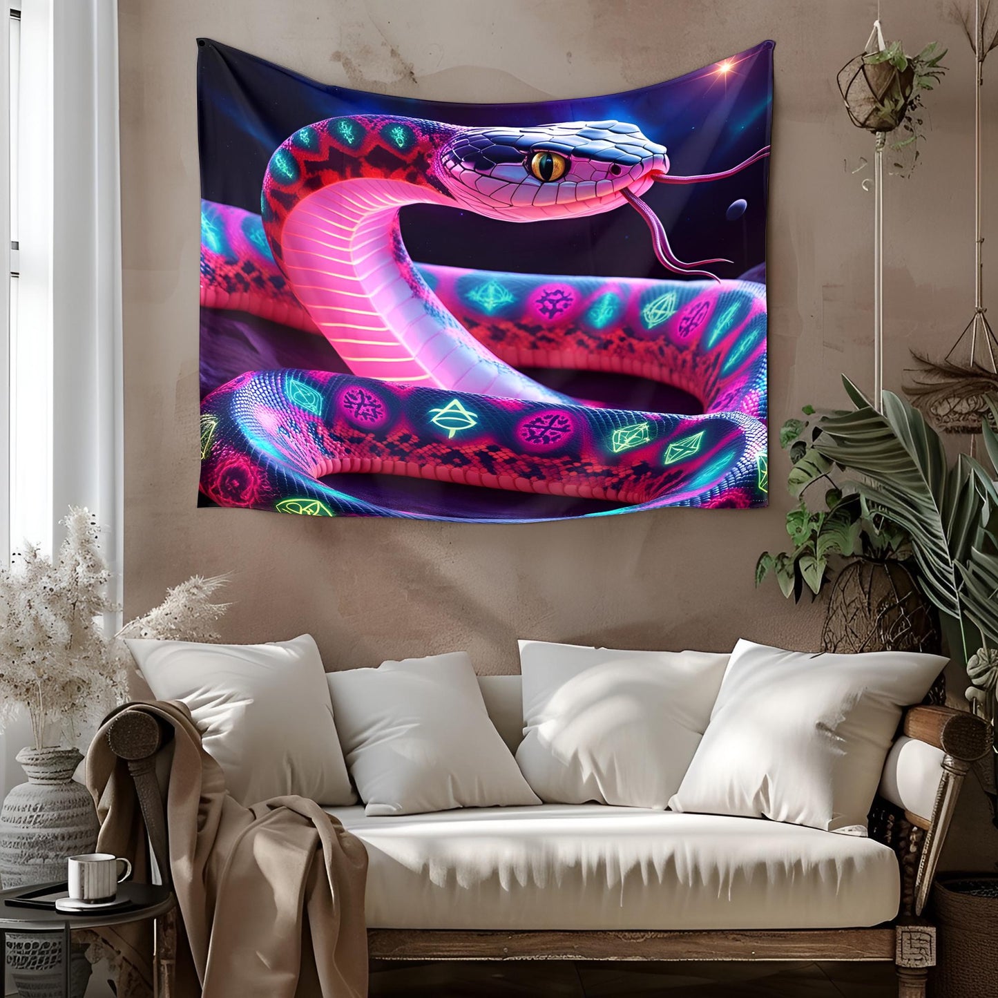 Psychedelic Neon Snake Tapestry, Shifting Fractal Patterns & Sacred Symbols, Cosmic Serpent Wall Art, Glowing Trippy Decor, Tapestry Trippy