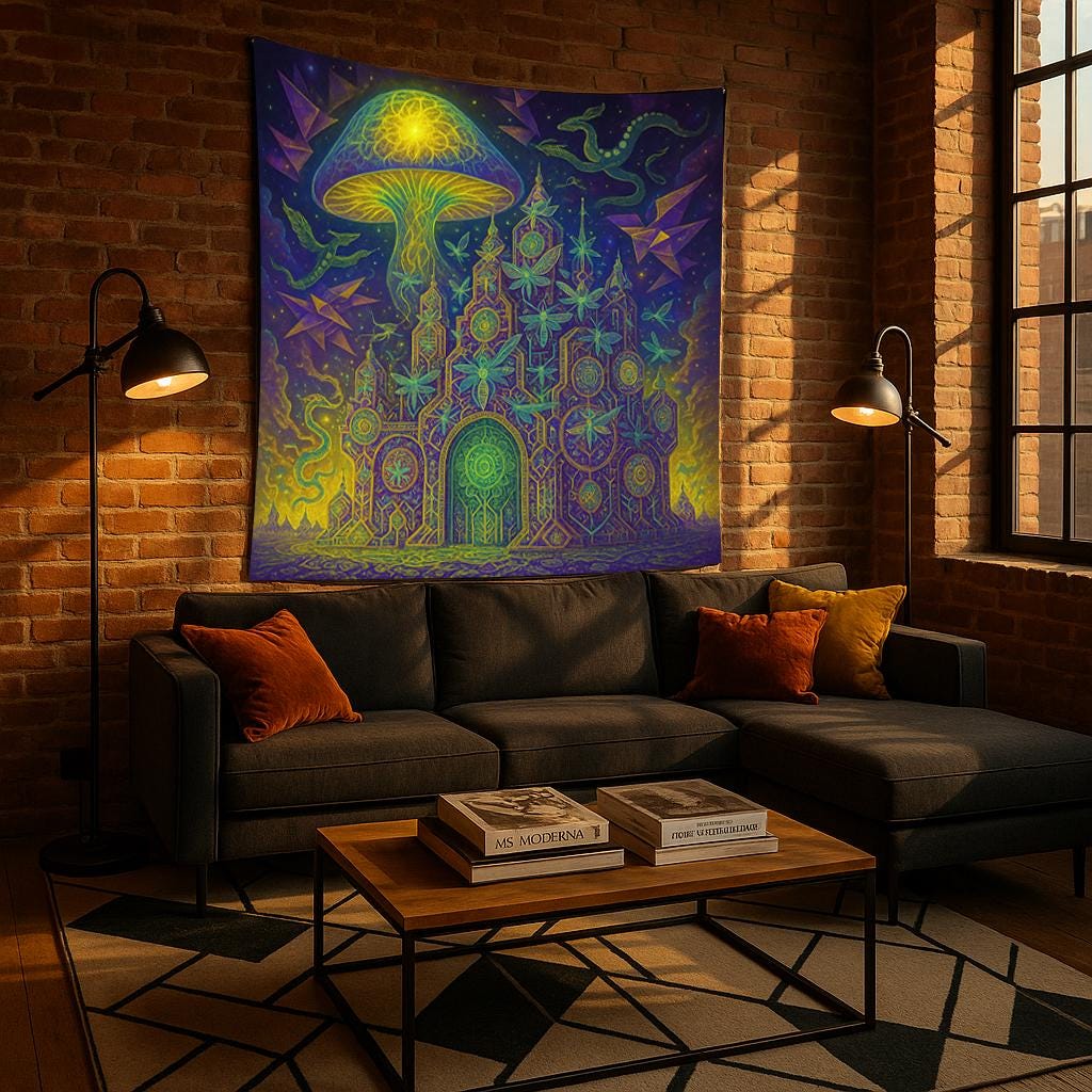 Psychedelic Tapestry – Trippy Alien Temple Wall Art, Geometric Space Decor, Vibrant Mushroom UFO Scene, Spiritual Boho Wall Hanging