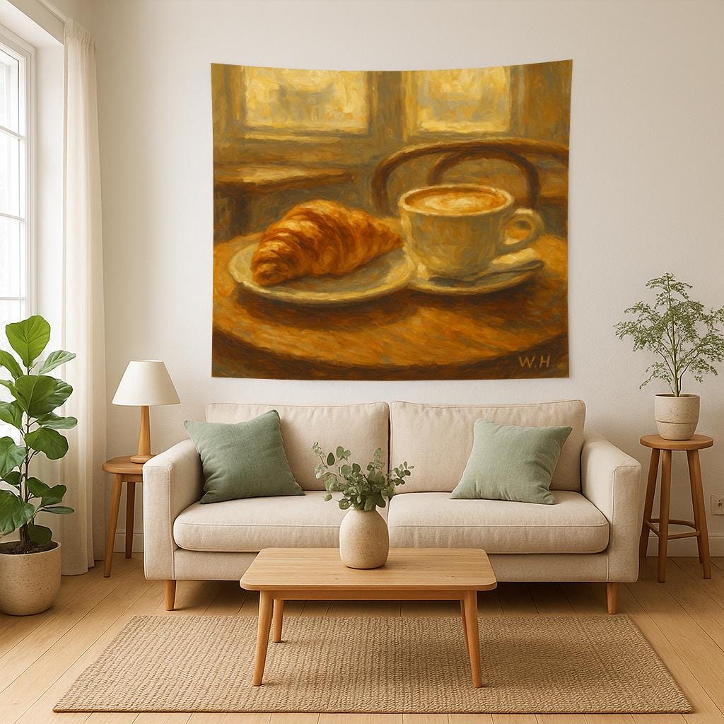 French Breakfast Tapestry Wall Art, Croissant and Coffee Painting Style Print, Cozy Kitchen Cafe Decor for Dining Room or Breakfast Nook