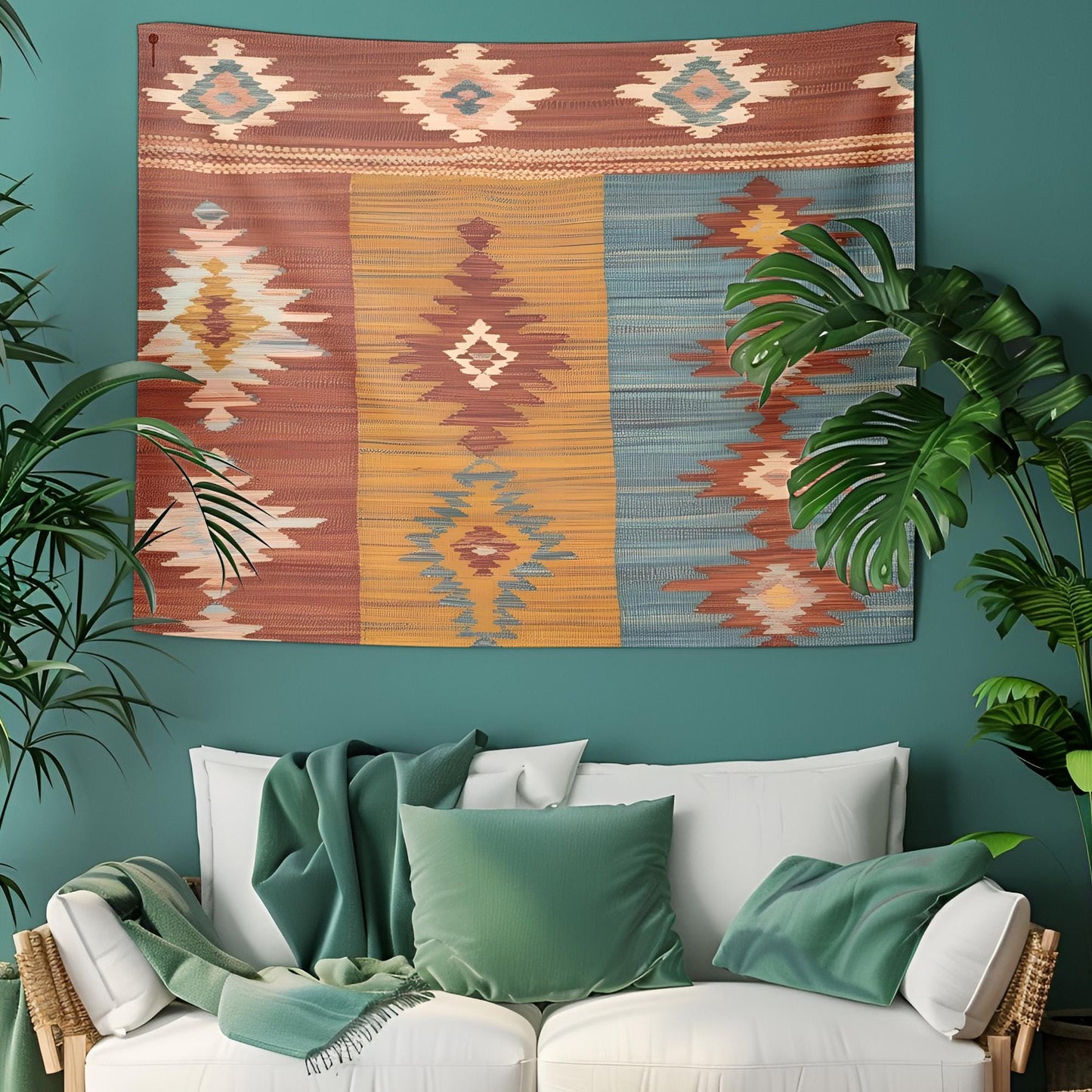 Peaceful Anatolian Kilim Tapestry, Rustic Boho Wall Hanging, Soft Woven Texture Decor, Terracotta Mustard Faded Teal Art, Bohemian Tapestry