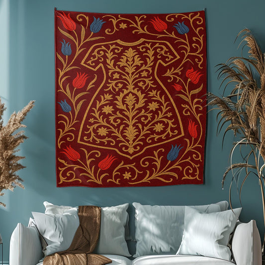 Ottoman Inspired Tapestry Featuring Intricate Kaftan Embroidery Motifs Tulips and Golden Arabesques on Rich Velvet Texture Background