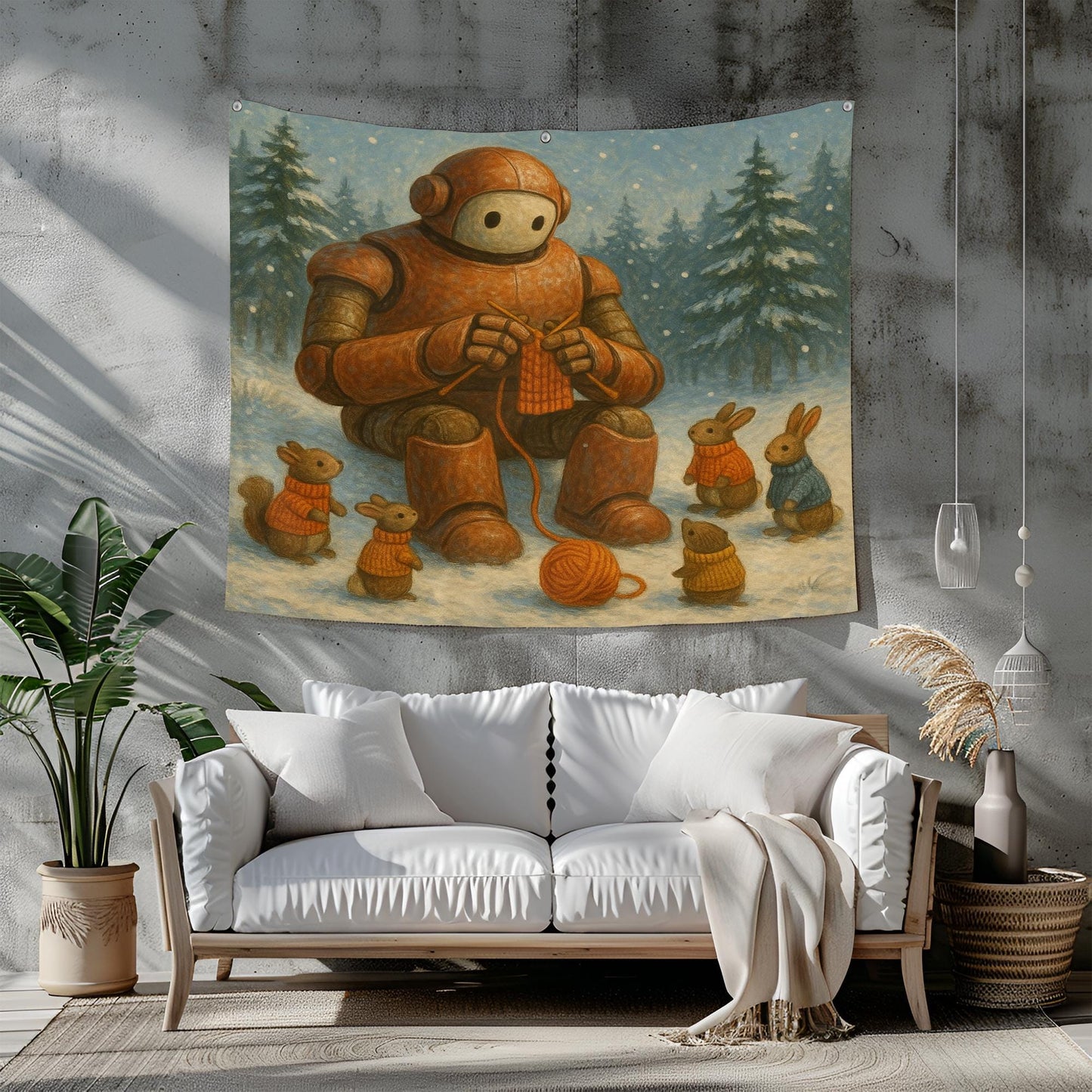 Robot Knitting Tapestry With Woodland Animals, Cozy Winter Wall Art, Whimsical Bunny Decor For Kids Room, Gift For Sci Fi Fantasy Lovers