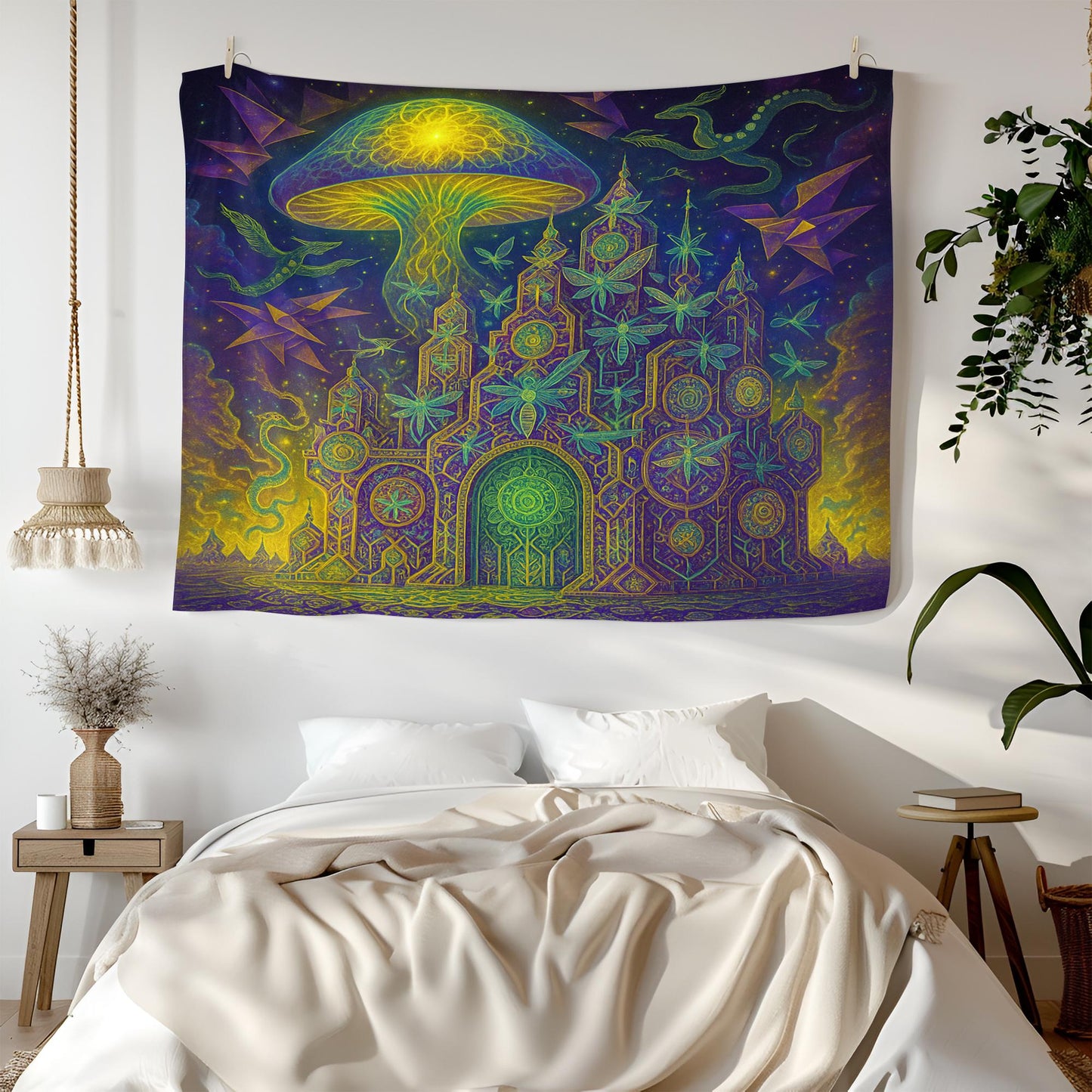Psychedelic Tapestry – Trippy Alien Temple Wall Art, Geometric Space Decor, Vibrant Mushroom UFO Scene, Spiritual Boho Wall Hanging