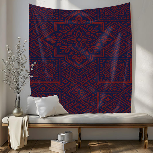 Boho Geometric Tapestry in Navy and Rust – Ethnic Pattern Wall Hanging for Bedroom, Living Room, Dorm, or Meditation Space