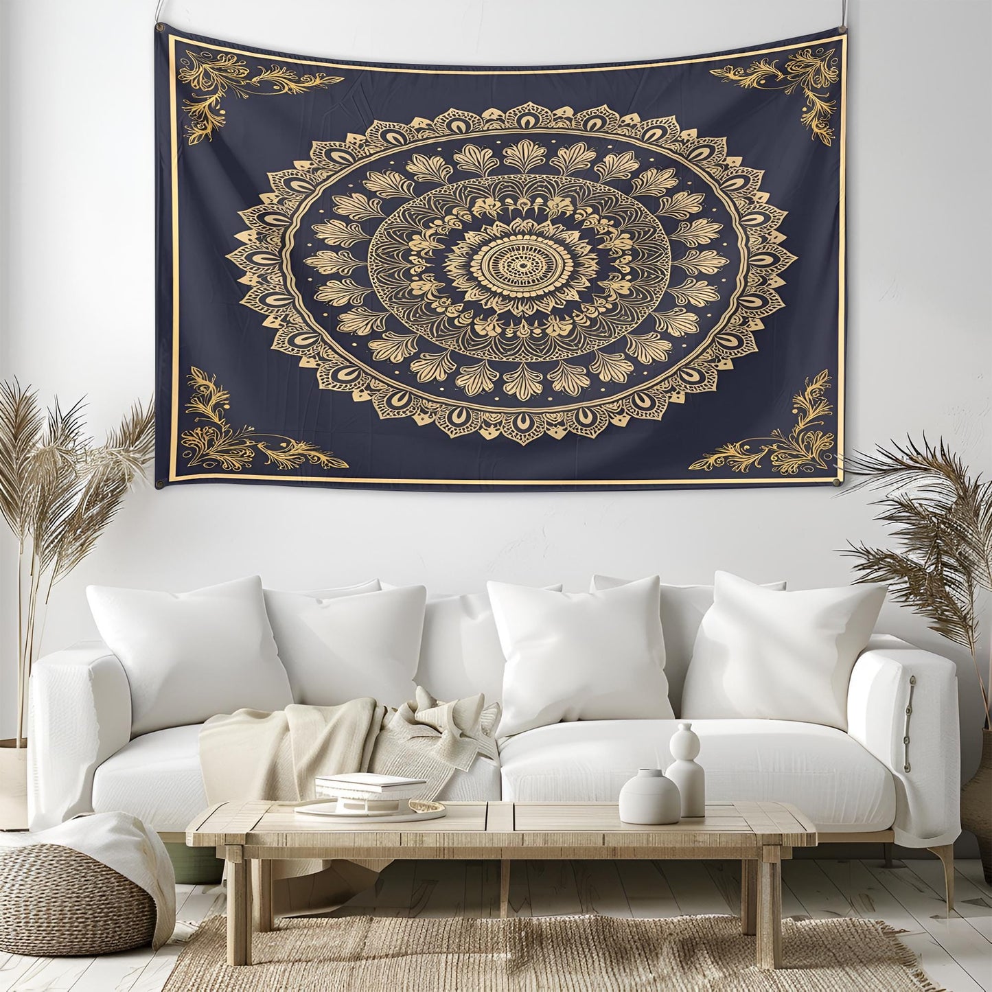 Centered Golden Mandala Tapestry, Intricate Floral & Geometric Details, Dark Navy Framed Symmetrical Design, Elegant Boho Wall Art