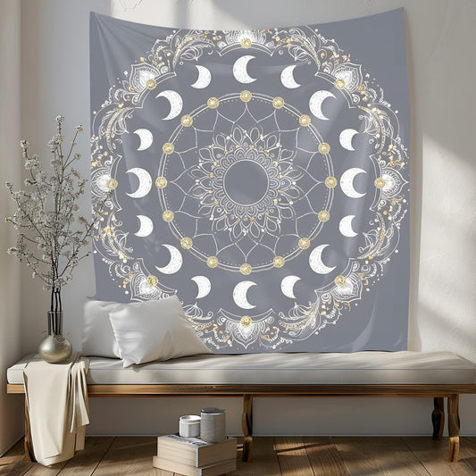 Celestial Mandala Tapestry, Crescent Moon Phases with Silver & Gold Accents, Intricate Swirling Patterns, Cosmic Boho Wall Decor