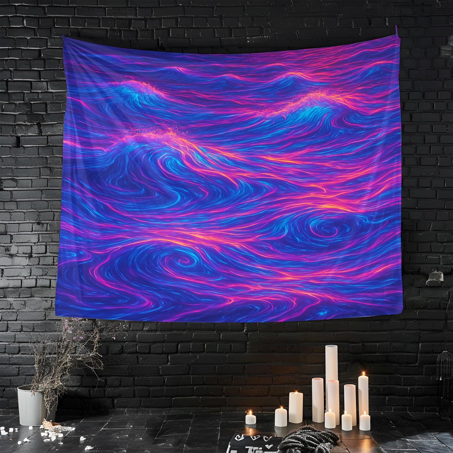 Neon Ocean Light Tapestry, Glowing Waves In Blue Purple Pink With Bioluminescent Foam, Surreal Dreamscape Wall Art, Gift For Her Or Him