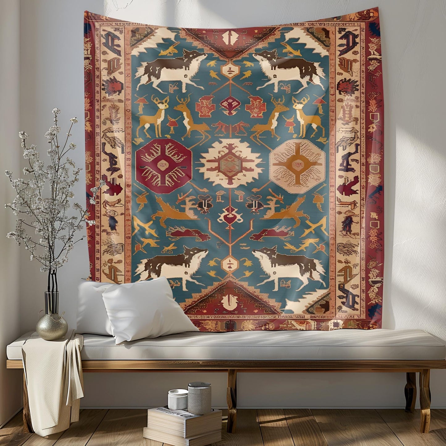 Legendary Turkish Rug Tapestry, Ancient Mythology Symbols, Wolves Deer Dragons Design, Rich Earthy Tones Wall Hanging