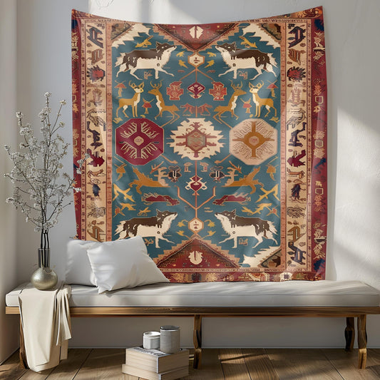 Legendary Turkish Rug Tapestry, Ancient Mythology Symbols, Wolves Deer Dragons Design, Rich Earthy Tones Wall Hanging