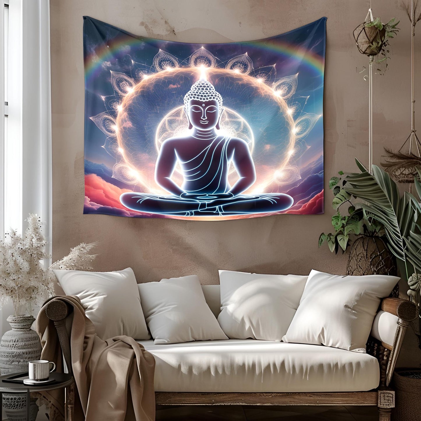 Glowing Buddha Tapestry, Surreal Dreamscape Meditation Art, Rainbow Aura & Sacred Geometry, Cosmic Spiritual Decor, Trippy Decor Tapestry